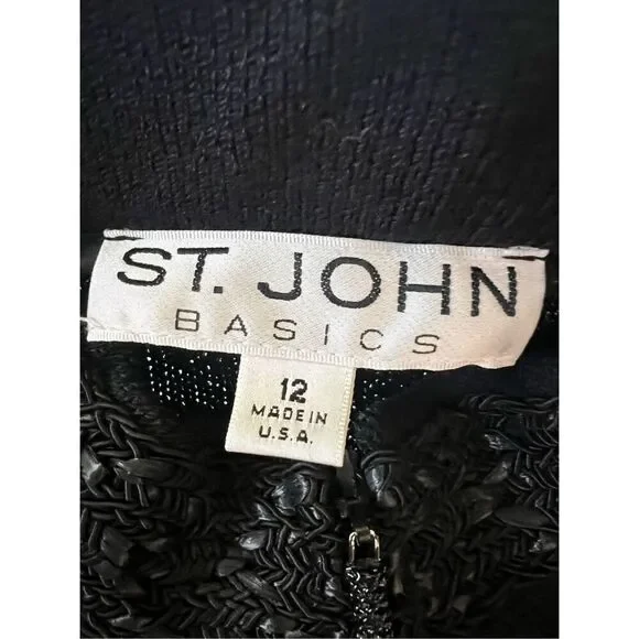 Vintage St John Black Santana Knit Zip Front High Braid Collar Blazer Women's 12